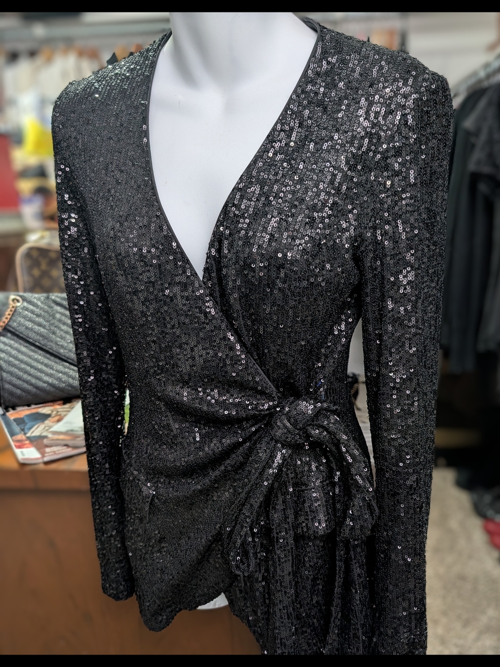 Badgley Mischka Black Sequin Wrap Long-Sleeve Dress with Side Knot